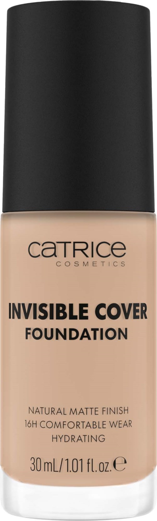 Eine beigefarbene Foundation-Flasche von Catrice Cosmetics mit schwarzem Deckel, als Invisible Cover Foundation gekennzeichnet, 30ml.