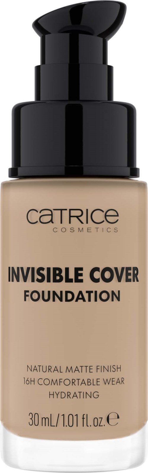 Eine beige Flasche mit schwarzem Pumpspender, beschriftet 'Catrice Cosmetics Invisible Cover Foundation' für Make-up.