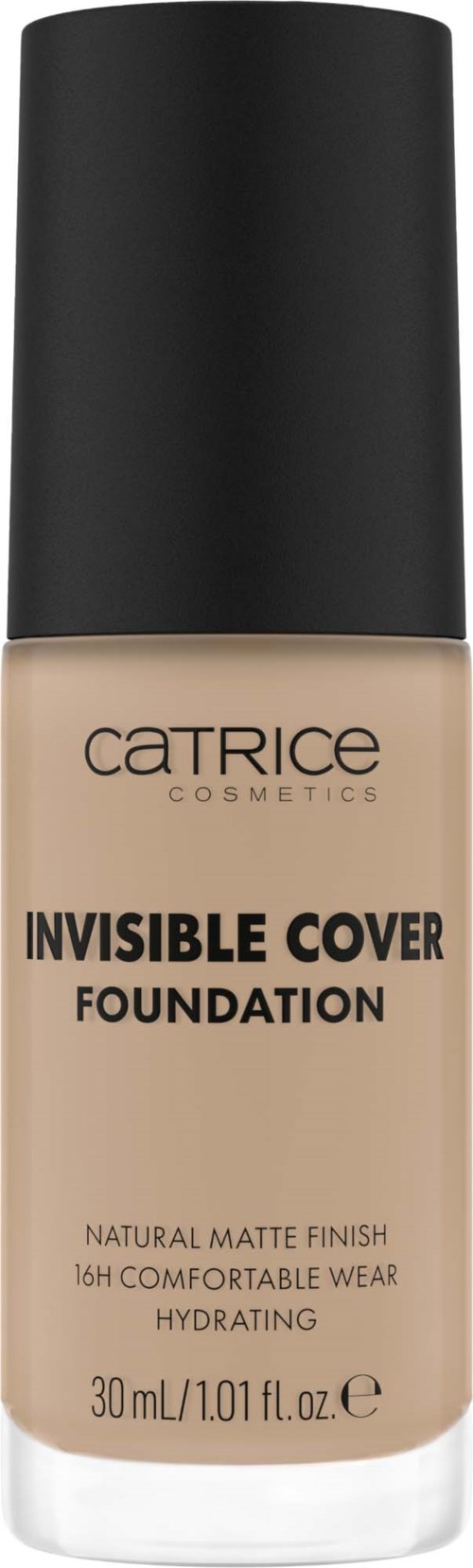 Eine Flasche Catrice Invisible Cover Foundation mit beiger Flüssigkeit, schwarzem Deckel und Produktinformationen auf der Vorderseite.
