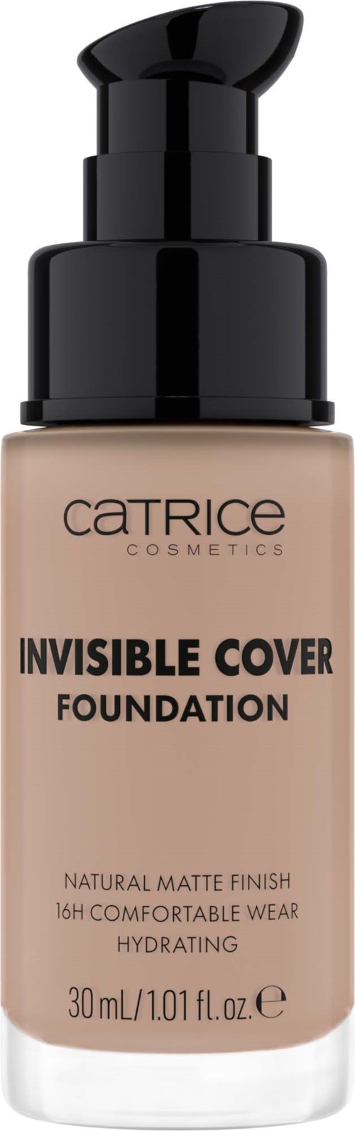 Eine beige Flüssigfundamentflasche mit schwarzem Pumpkopf und Etikett, auf dem 'Catrice Cosmetics Invisible Cover Foundation' steht.