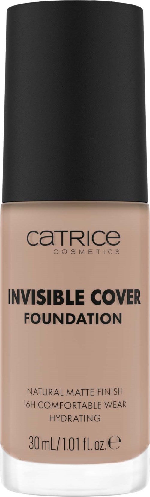 Eine Flasche Catrice Invisible Cover Foundation mit schwarzem Deckel und beiger Flüssigkeit.