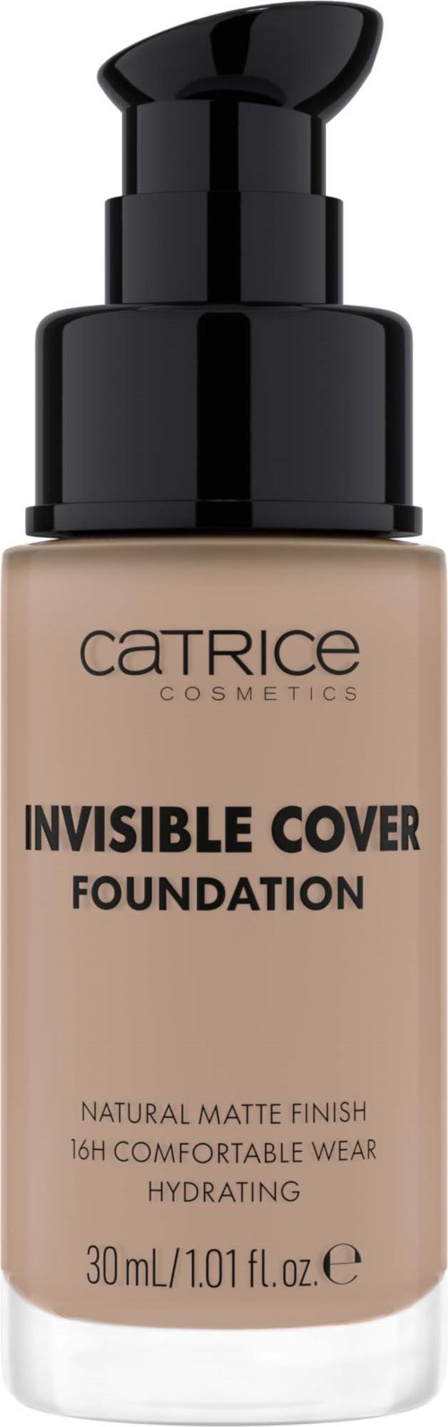 Eine Flasche Catrice Invisible Cover Foundation mit Pumpe, mit natürlichem mattem Finish und feuchtigkeitsspendend.