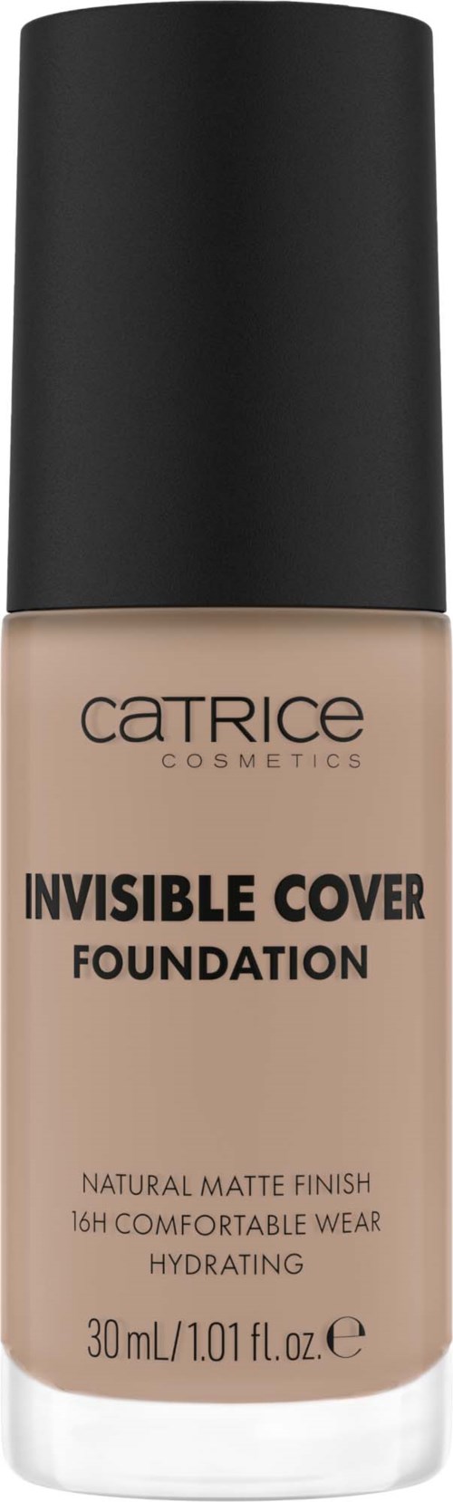 Foundation-Flasche von Catrice Cosmetics mit schwarzem Deckel, beiger Flüssigkeit und Produktdetails auf dem Etikett.