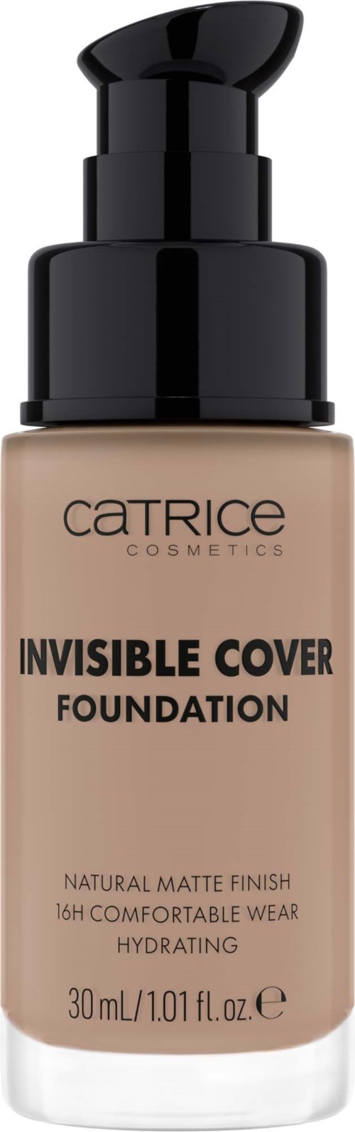 Eine Flasche Catrice Cosmetics Foundation mit Pumpenverschluss, bezeichnet als 'Invisible Cover,' in Beigetönen.