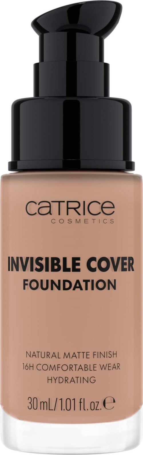 Eine Flasche Catrice Invisible Cover Foundation mit Pumpe, bezeichnet für natürlichen matten Look, Hydratation, 16 Stunden Haltbarkeit.