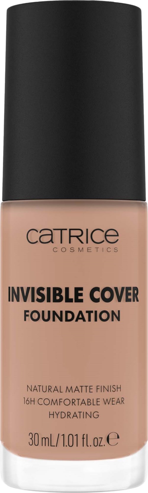 Eine Flasche Catrice Invisible Cover Foundation mit schwarzem Deckel und beiger Flüssigkeit.