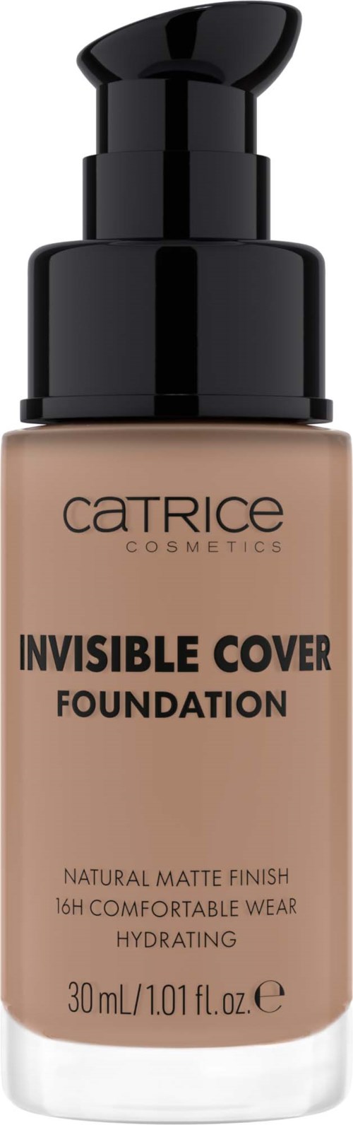 Eine beige Foundation-Flasche mit schwarzem Pumpen, beschriftet 'Catrice Invisible Cover Foundation' mit Angabe zum Finish und zur Haltbarkeit.