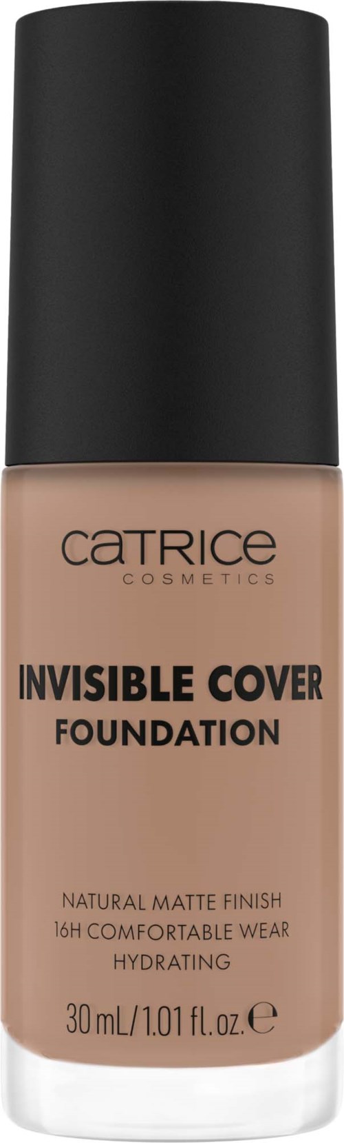 Eine Foundation-Flasche von Catrice Cosmetics mit schwarzem Deckel, beschriftet 'Invisible Cover Foundation' in beige Flüssigkeit.