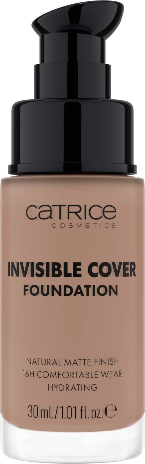Eine Flasche der Catrice Invisible Cover Foundation mit Pumpe, zeigt Produktinformationen, in beigem Farbton.