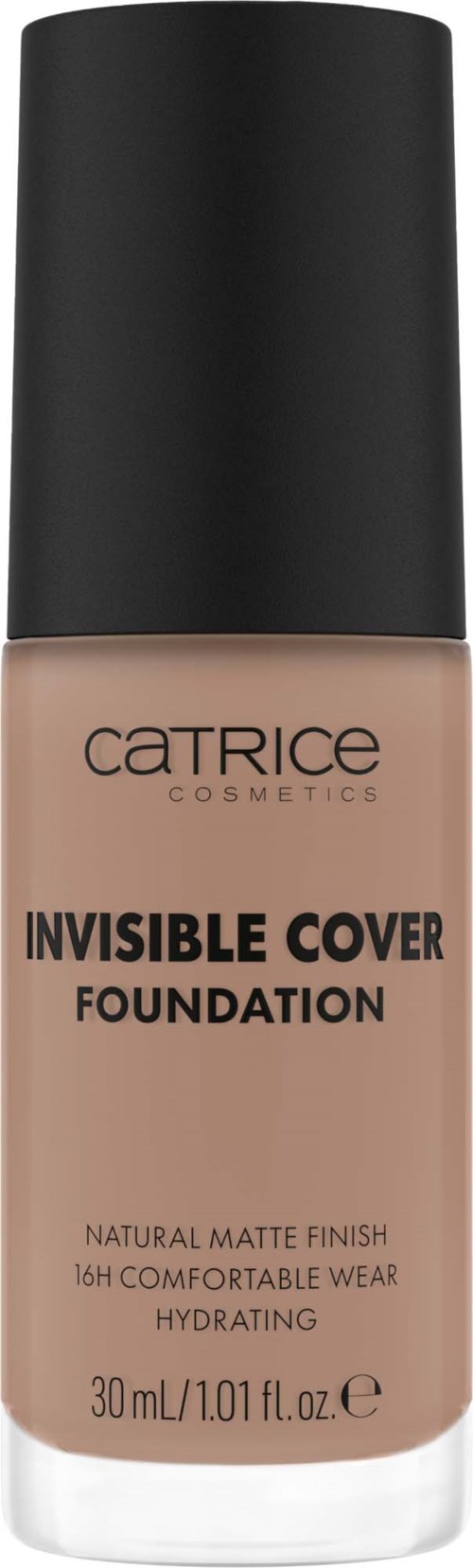 Catrice Kosmetik Flasche mit schwarzem Deckel, beigefarbene Flüssigkeit, Text über Deckkraft und Hydratation.