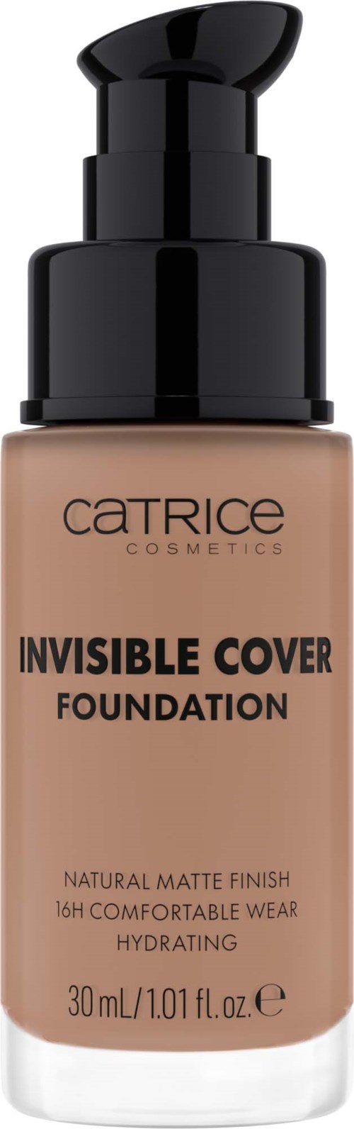 Eine Flasche Catrice Invisible Cover Foundation mit Pumpe, beige Farbe, natürlicher matter Abschluss und 30 ml Größe.