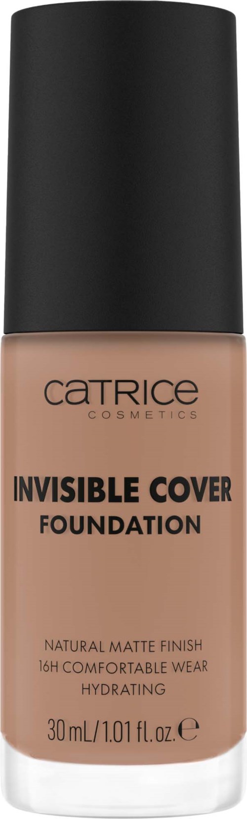 Ein Foundation-Flasche mit schwarzem Deckel und beigender Flüssigkeit, beschriftet 'Catrice Cosmetics Invisible Cover Foundation'.