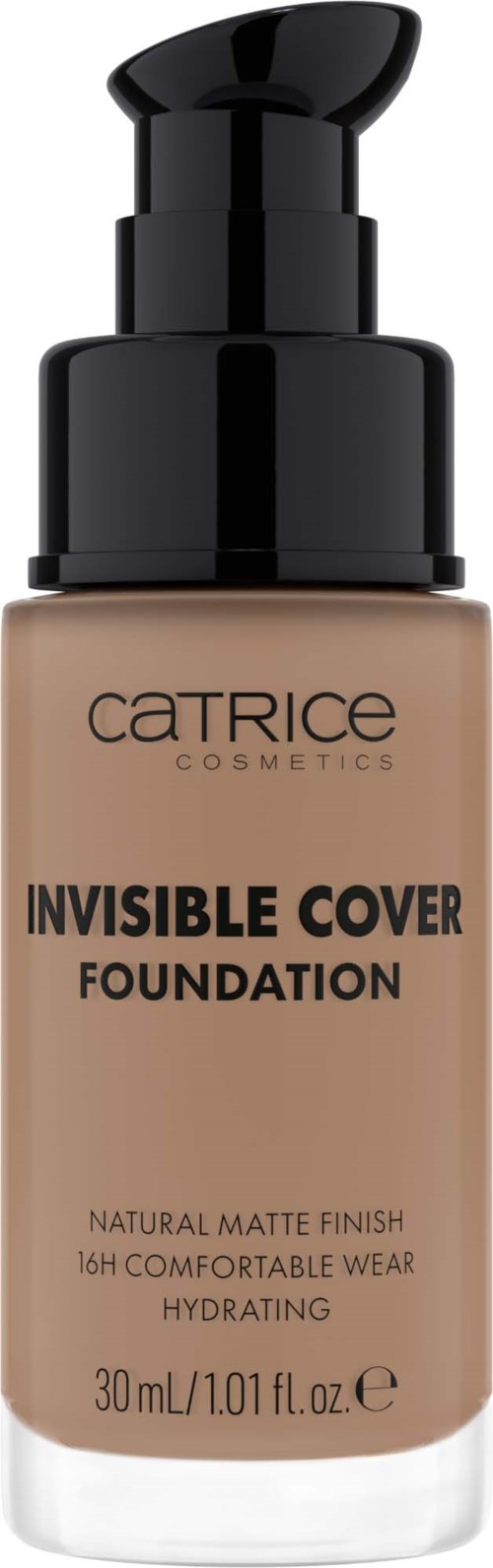 A bottle of CATRICE Invisible Cover Foundation with a pump, beige liquid, and black cap.