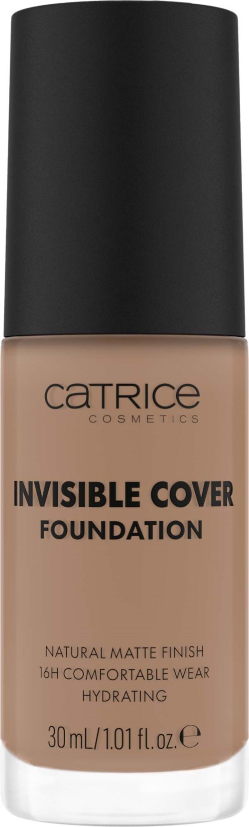A foundation bottle with black cap, beige liquid, and labels for Catrice Cosmetics, called Invisible Cover Foundation.