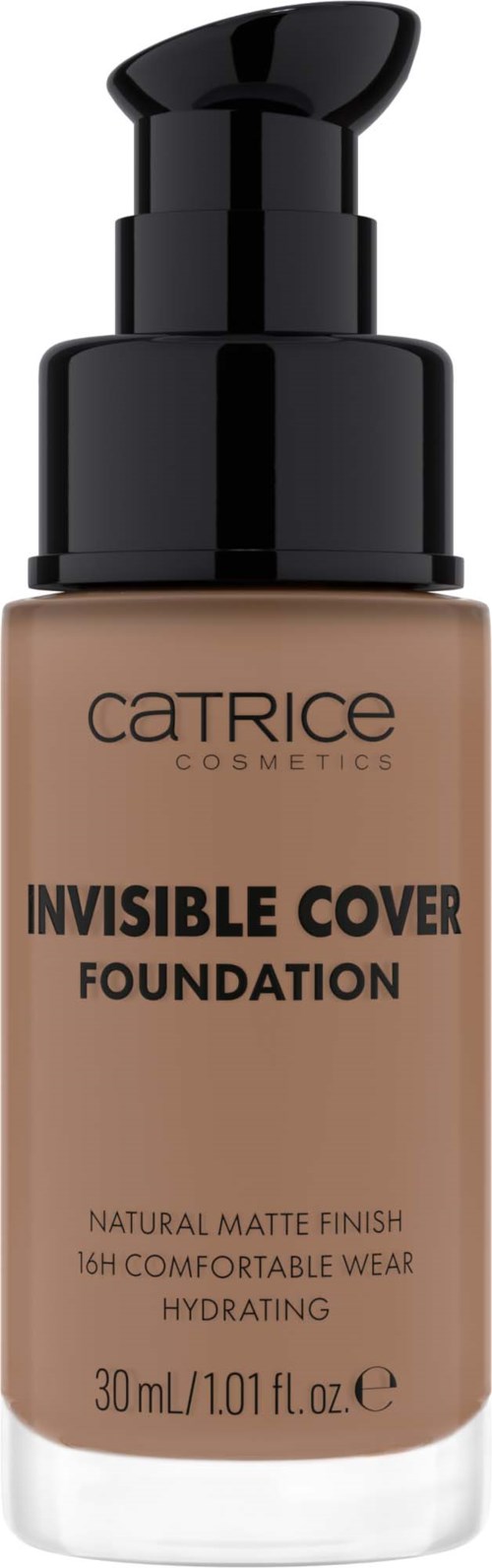 Eine Flasche Catrice Invisible Cover Foundation mit Pumpe, gekennzeichnet als natürliches mattes Finish und feuchtigkeitsspendend.