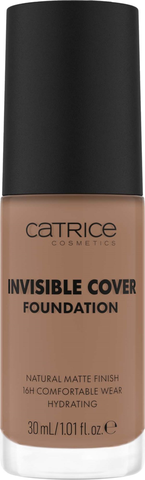Catrice Unsichtbarer Deckpassungsflasche mit schwarzem Deckel, beschrieben als feuchtigkeitsspendend, natürlicher matter Abschluss, 30 ml.