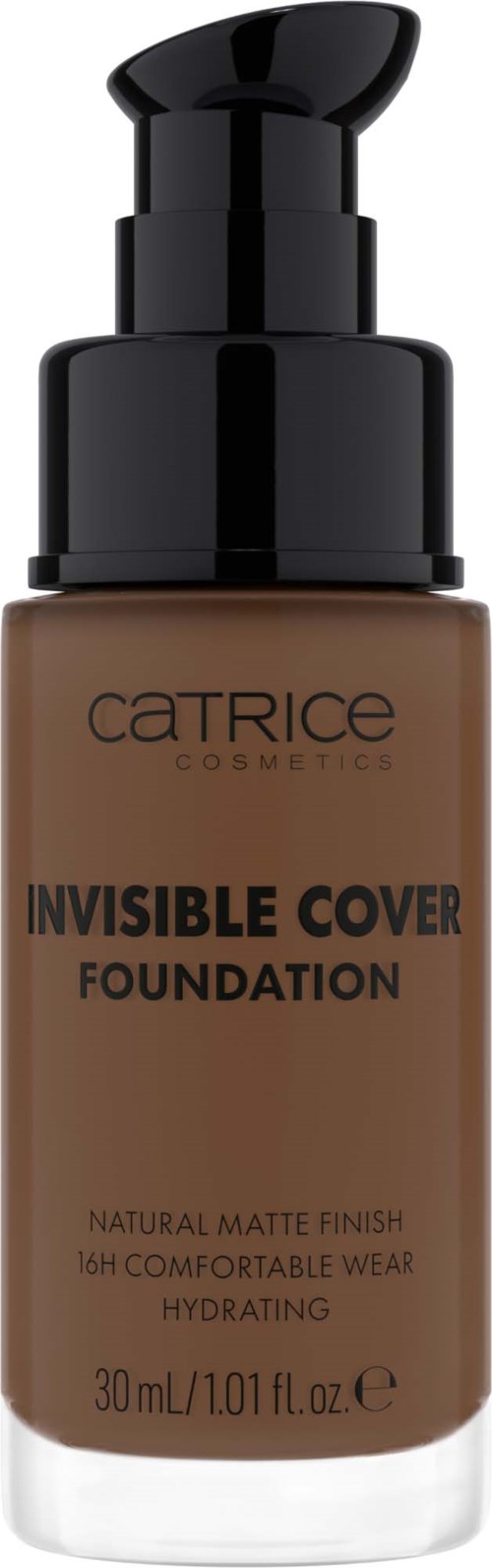 Brązowa płynna podkładka w opakowaniu z pompką i czarną nakrętką, oznaczona Catrice Invisible Cover, 30 ml.