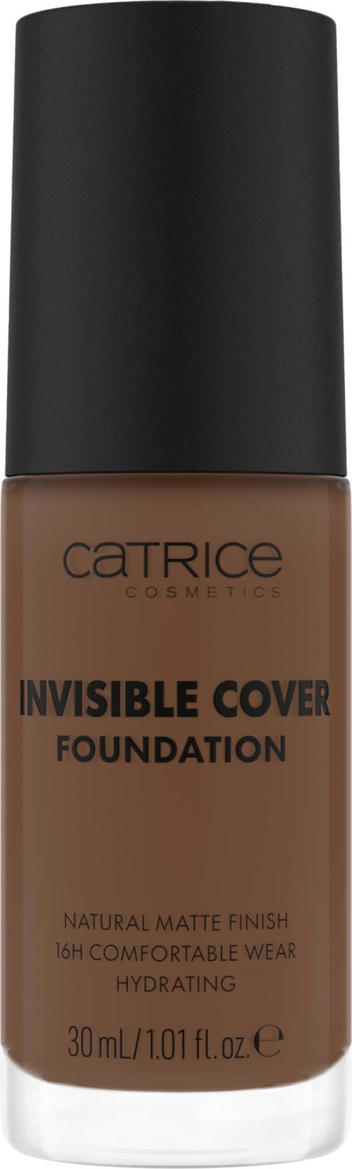 Brązowa butelka podkładu z czarną nakrętką, oznaczona 'Catrice Cosmetics, Invisible Cover Foundation, 30 ml.'