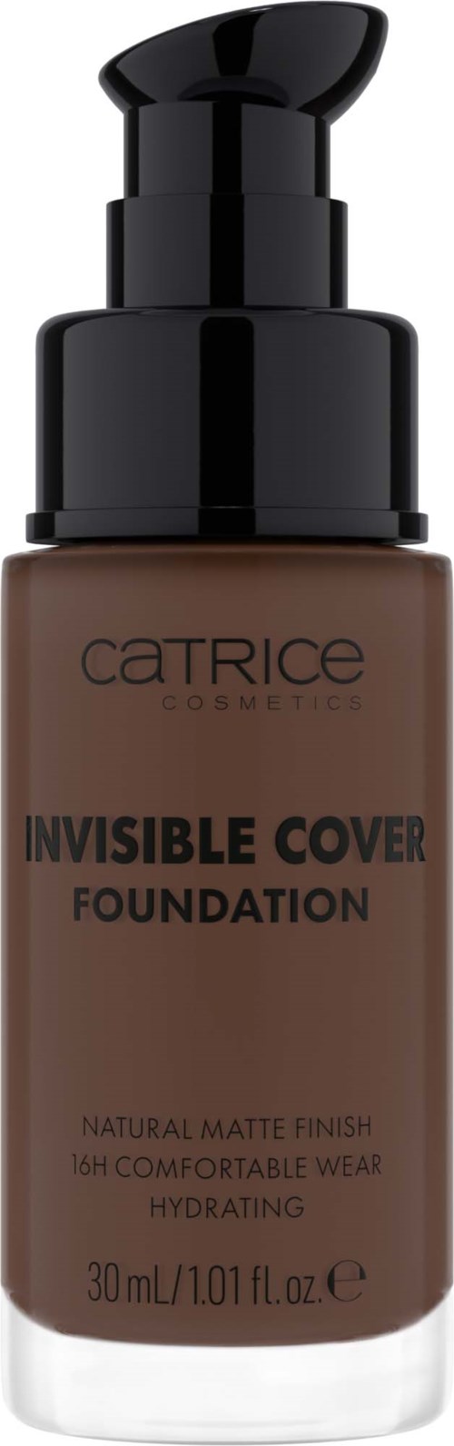 Eine Flasche von Catrice Invisible Cover Foundation mit Pumpe, als feuchtigkeitsspendend und mattem Finish.