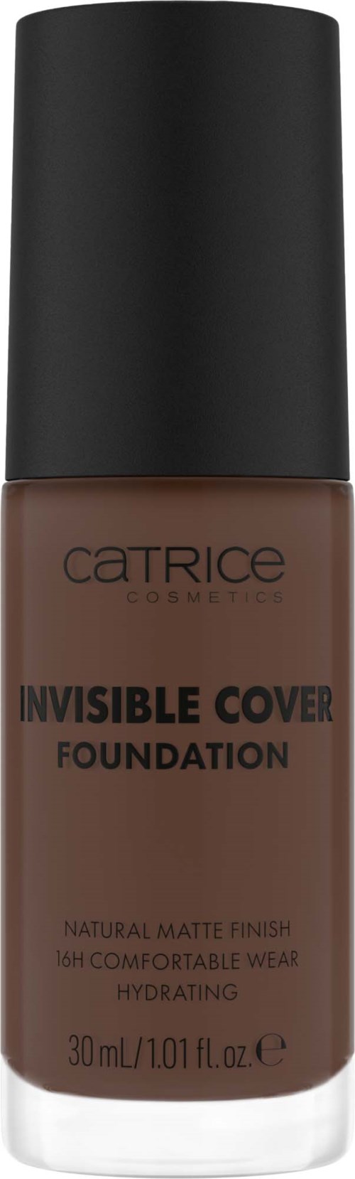 Eine braune Foundation-Flasche von Catrice Cosmetics mit schwarzem Deckel, Beschriftung 'Invisible Cover Foundation.'