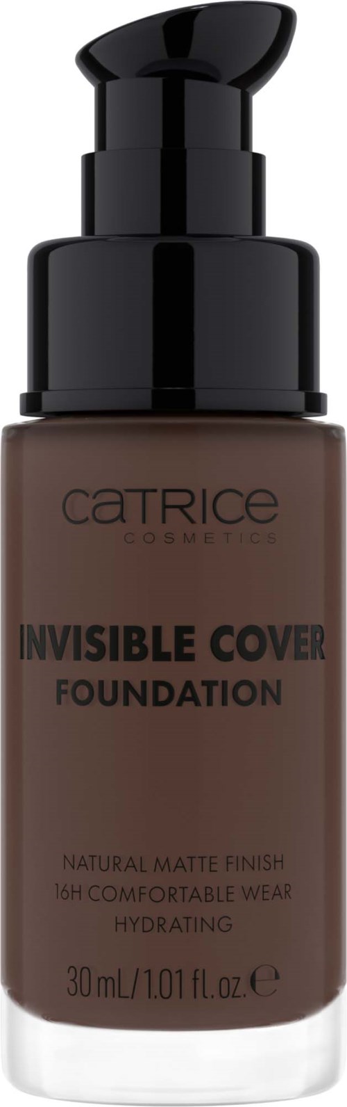 Eine braune Flasche mit schwarzem Pumpverschluss, beschriftet Catrice Invisible Cover Foundation, zeigt Größe und Funktionen.