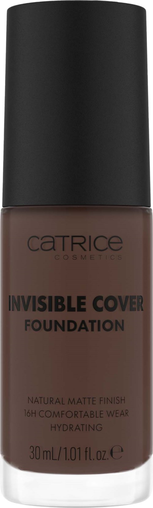 Eine braune Foundation-Flasche mit schwarzem Deckel von Catrice Cosmetics, beschriftet 'Invisible Cover Foundation'.