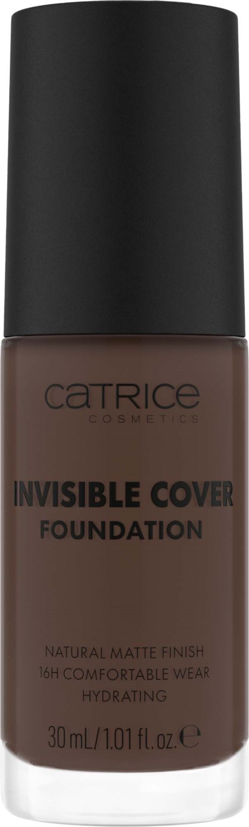 Eine braune Flasche mit Catrice Invisible Cover Foundation und schwarzem Deckel.