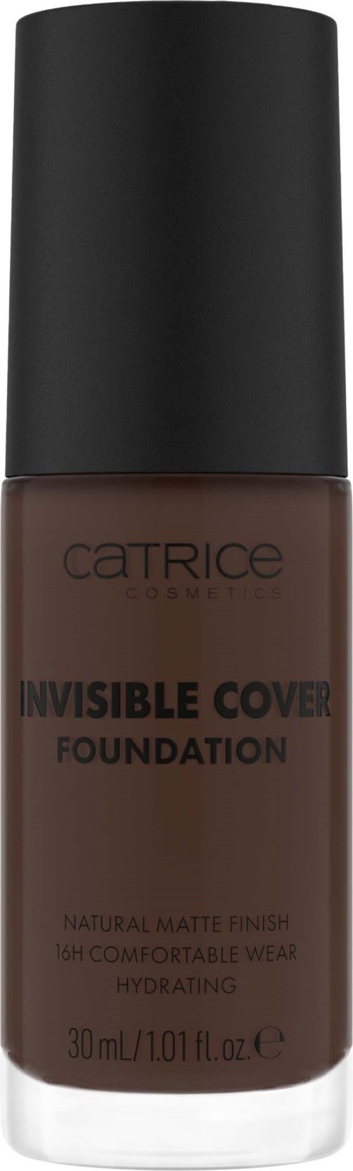 Braune Flasche mit Catrice Invisible Cover Foundation und schwarzem Deckel. Auf der Flasche steht Produktbeschreibung.