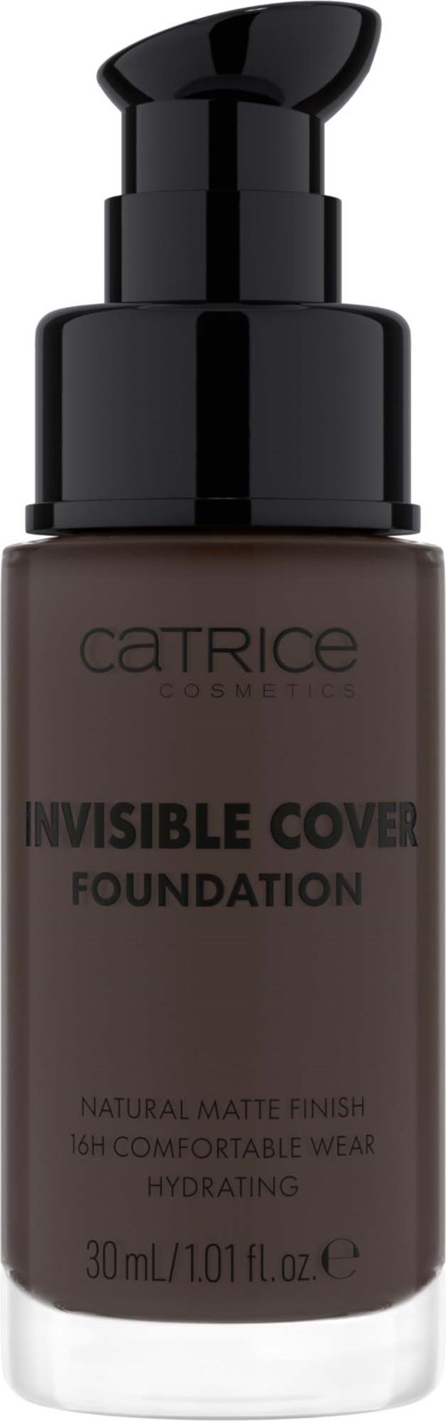 Eine dunkelbraune Flasche mit schwarzem Pumpkopf, gekennzeichnet mit Catrice Invisible Cover Foundation, mit Angaben zum Finish und Größe.