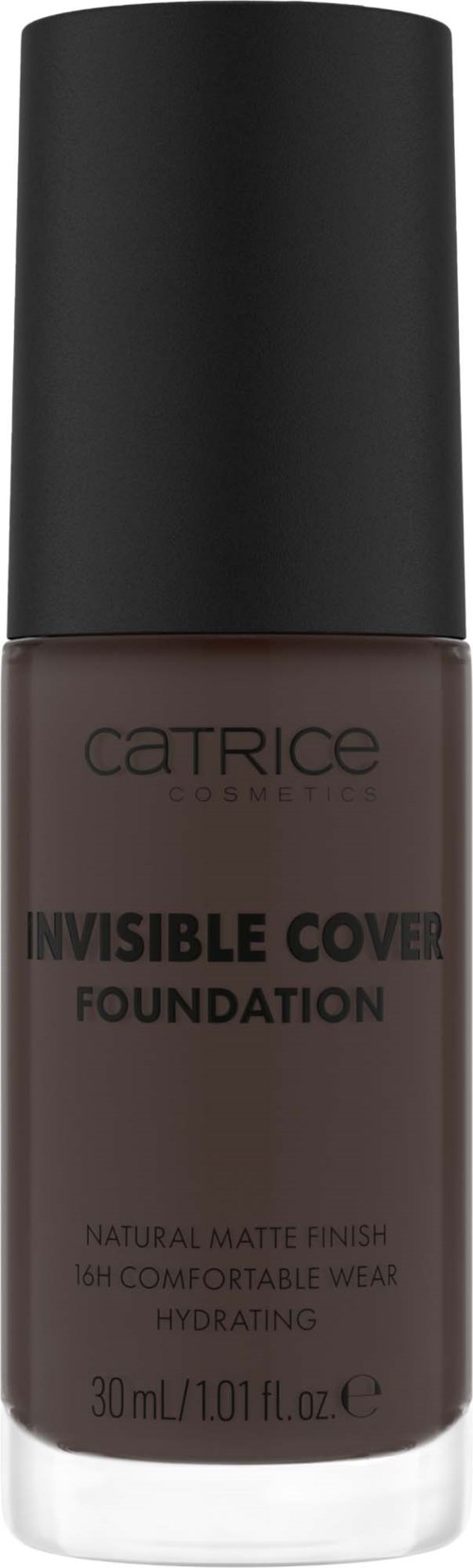 Flasche mit Catrice Invisible Cover Foundation, schwarzer Deckel und braune Flüssigkeit.