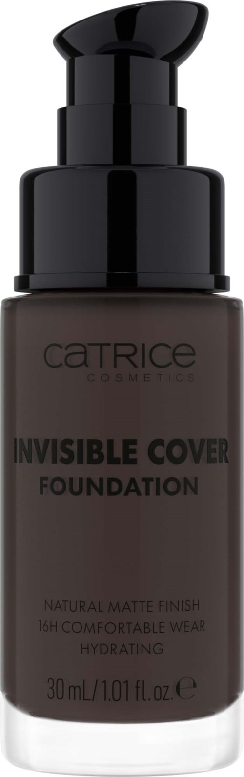 Dunkle braune Flasche mit schwarzem Pumpkopf, beschriftet 'Catrice Invisible Cover Foundation', 30 ml, matte Oberfläche, feuchtigkeitsspendend.