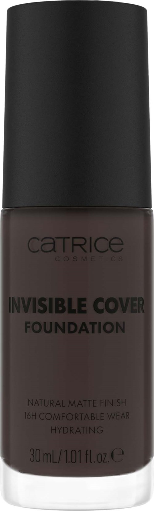 Eine dunkelbraune Foundation-Flasche mit schwarzem Deckel, beschriftet "Catrice Invisible Cover Foundation," beschreibt ihre Eigenschaften.