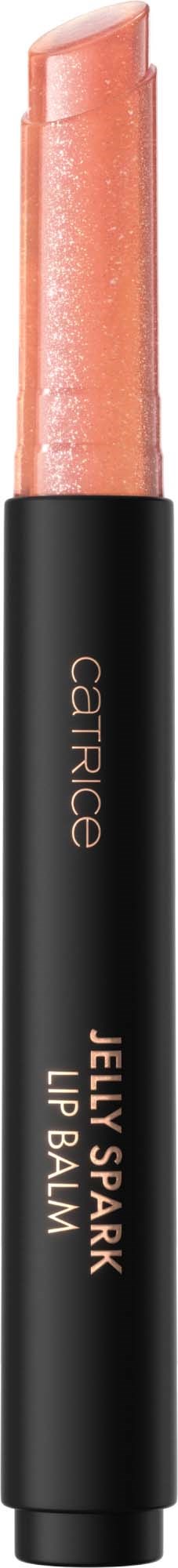 Een zwarte lippenbalsem tube met een perzikkleurige balsem erin, gemarkeerd 'Cartice Jelly Spark Lip Balm'.