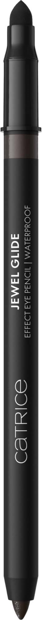 En svart eyeliner-penn med gjennomsiktig hette og hvit tekst, merket 'Jewel Glide' og 'Catrice'.