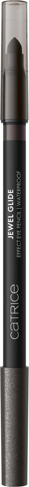 En svart eyeliner-penne med gjennomsiktig hette og sølvdetaljer, merket 'Linerette Glide' for øyesminke.