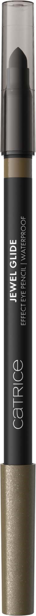 En blyant med svart kropp, gullfarge og klar hette. Den er merket 'Cartice EyeLid Glide'.
