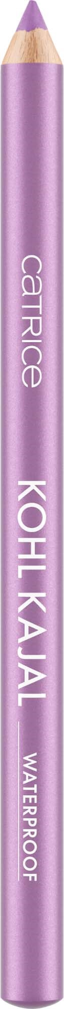 Ein lila Bleistift mit weißem Text, der "Catrice," "Kohl Kajal," und "Waterproof" liest.