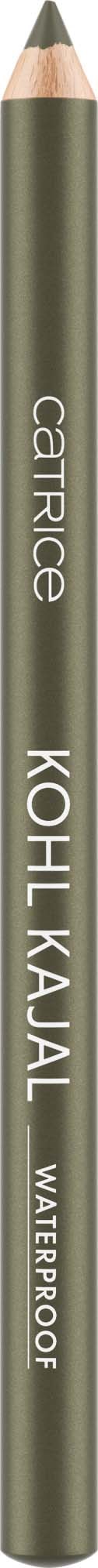 Ein grüner Eyelinerstift mit weißem Text: 'catrice', 'KOHL KAJAL', 'WATERPROOF' auf schwarzem Hintergrund.