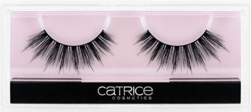A pair of black, thick, long false eyelashes in a pink and clear plastic box with the Catrice Cosmetics logo.