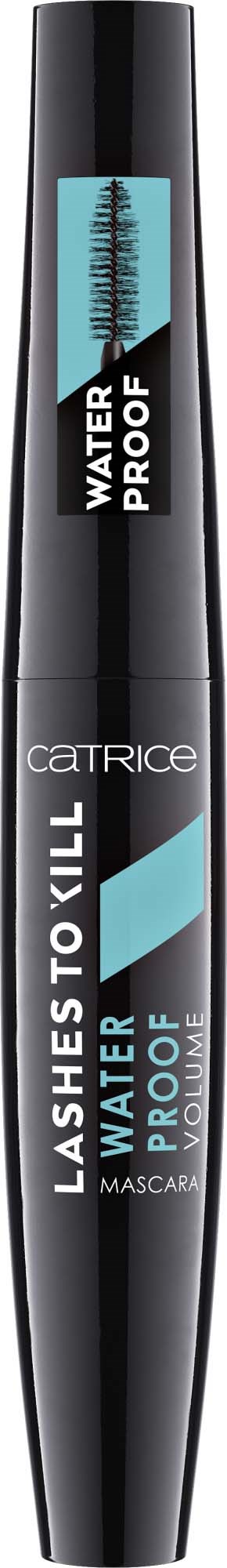 Catrice mascara-huls met waterproof label, blauwe borstel en zwarte body, met tekst over wimpervolume en wake-proof.