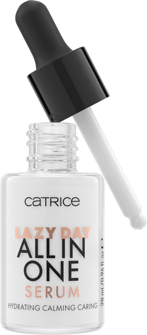 Een klein glazen flesje met een zwarte dop en een witte pipet. Het label zegt "Catrice" en "All in One Serum".