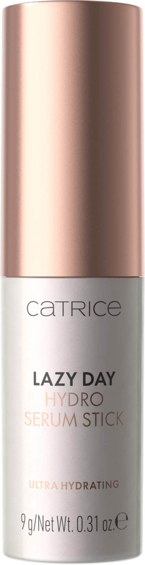 Flesje van Catrice Lazy Day Hydro Serum Stick, roségouden dop, witte body, zwarte tekst.