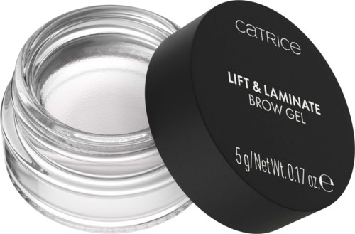 Een kleine doorzichtige pot met heldere gel en een zwarte deksel gemerkt "Catrice Lift & Laminate Brow Gel".