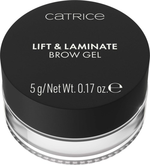 Een kleine zwarte en heldere container met wenkbrauwgel van Catrice, 5 gram, voor lifting en laminaat.