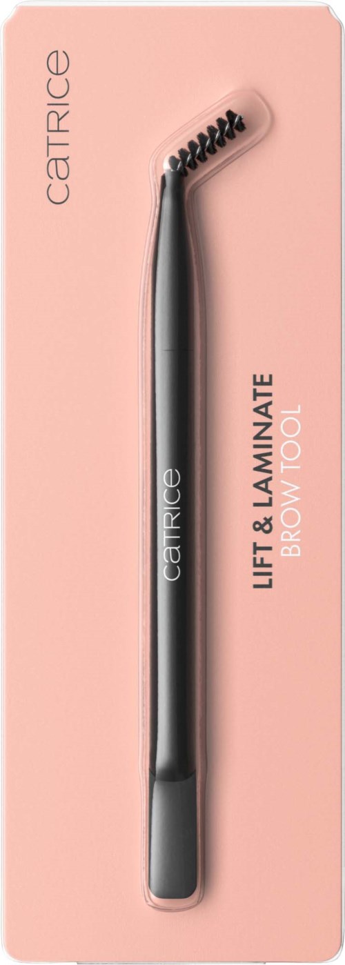 Musta kulmakynän harja vaaleanpunaisessa pakkauksessa, luki 'Lift & Laminate Brow Tool'.