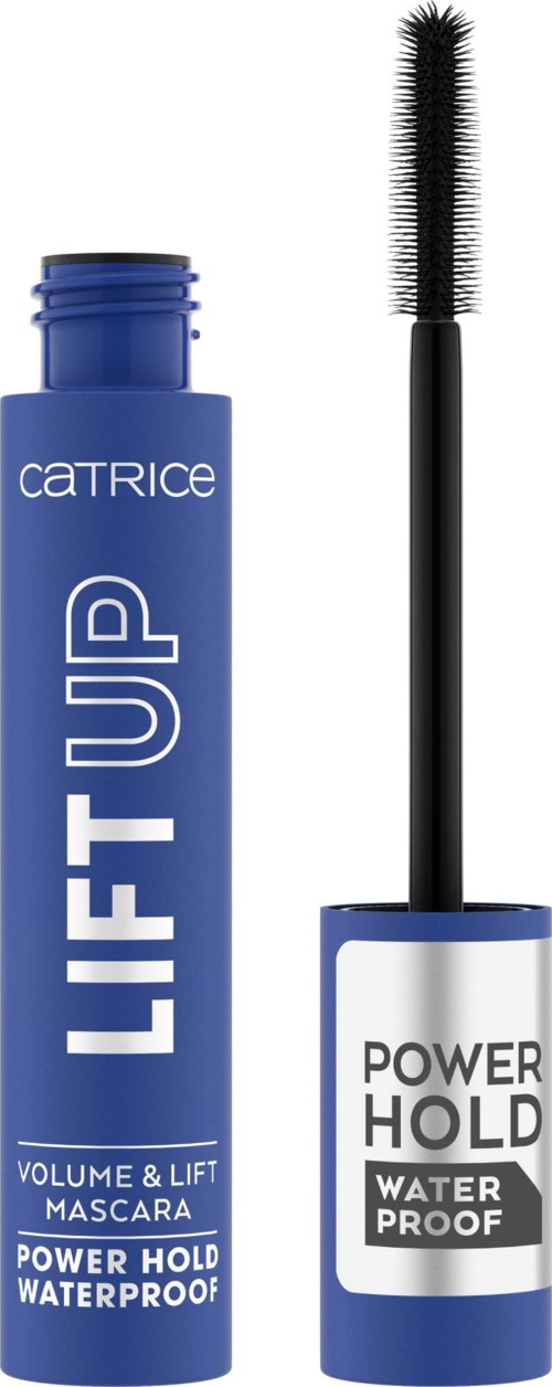 Blue mascara tube with lifting and waterproof labels, brush applicator shown separately.