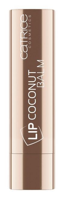 En beigefarget sylinderformet leppepomade i tube med hvit og oransje tekst, merket 'Catrice Lip Coconut Balm' og 'Cosmetics'.