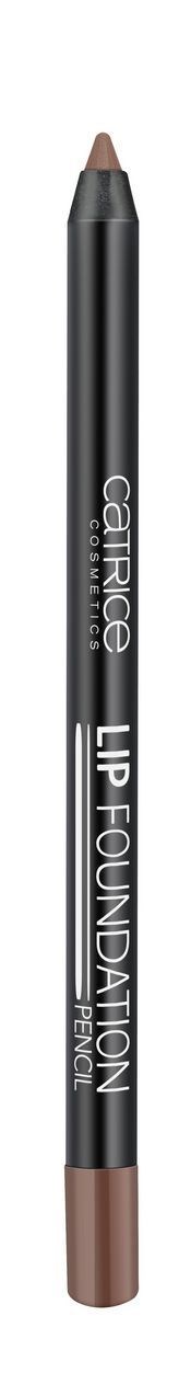 A pencil with a dark gray body and a brown tip, labeled 'Lip Foundation PENCIL' by Catrice.