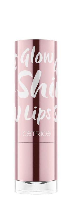 En rosa leppestiftholder med hvit tekst som sier "Glow Shine Lips" og "Catrice" nederst.