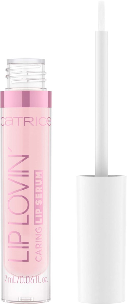 Ein rosa Lippenpflegestift mit Beschriftung 'LIP GLOW' und 'Caring Lip Serum' mit weißem Deckel und Applikatorstab.